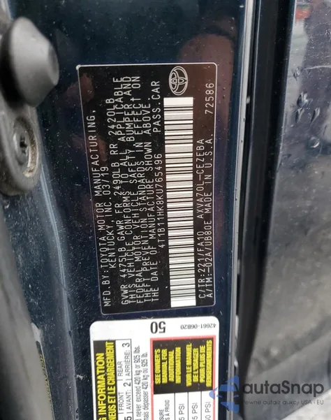 2019 Toyota Camry L из США, поврежденный, VIN 4T1B11HK8KU765496